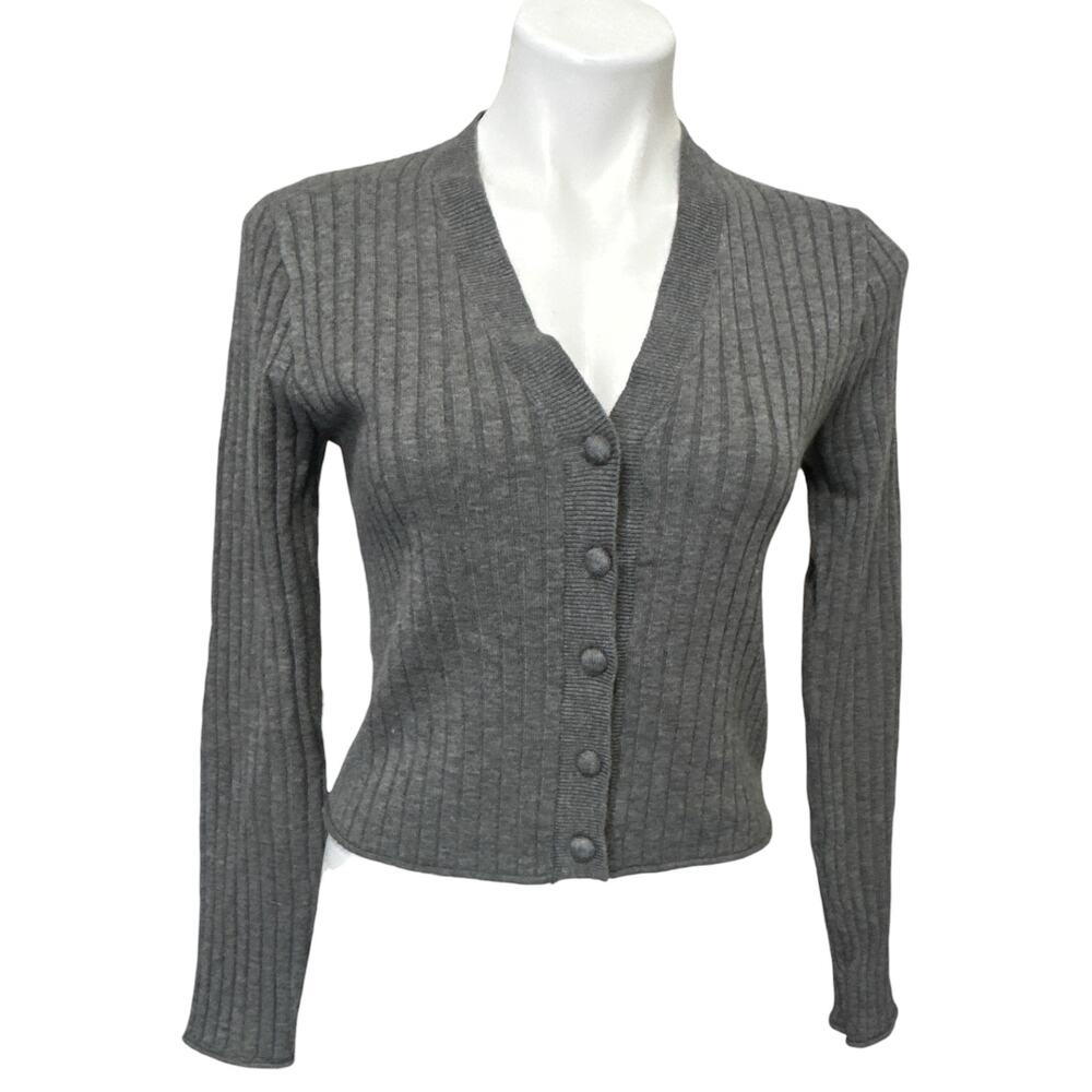 Avec Les Filles Cardigan Women XS Gray Ribbed Cropped V-Neck Button Sweater NWT